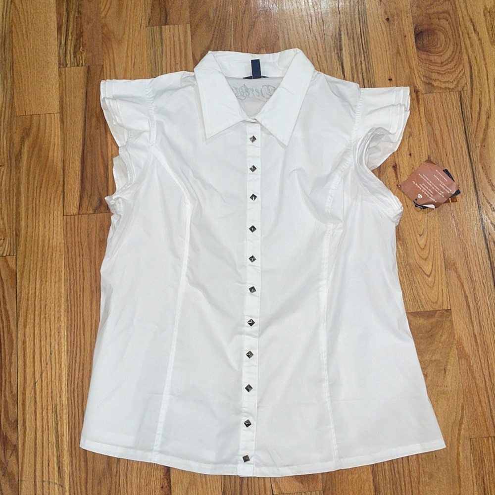 NEW Dereon White Stretch Poplin Snap down shirt ruffle sleeve PLUS 1X - Picture 3 of 15